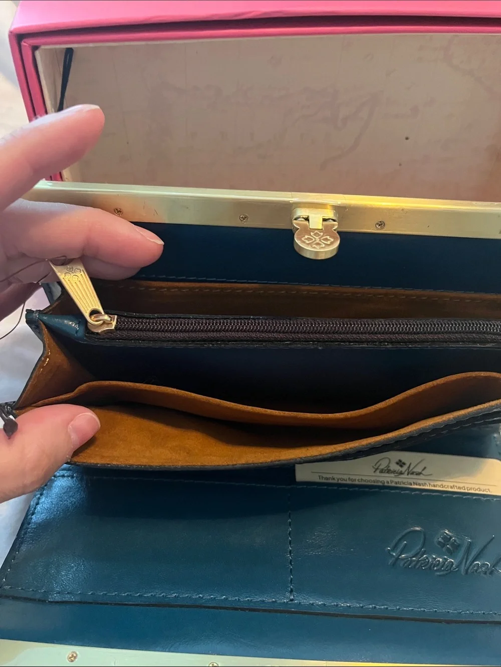 Patricia Nash Navy and Cream Floral Frame Wallet with Gold Trim